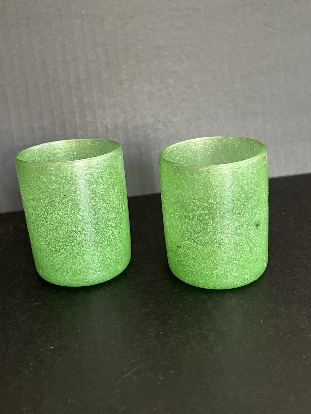 Hand Blown Green Votive Candle Holder Art Glass Bubble Glass Set Of 2 Jade 3”